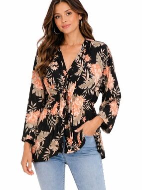 Billabong Black Floral Boho Kimono Top Peplum Waist Tie Women’s M/L